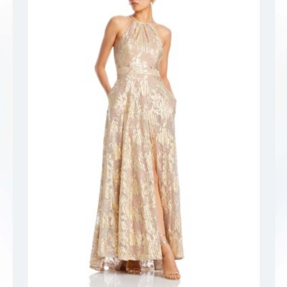 Aqua Formal Gown Metallic Foil Maxi dress in Gold Blush tan Lace with slit 8 gow